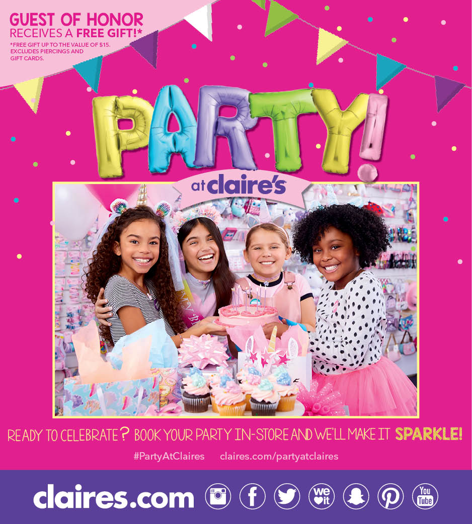 Guest of Honor receives a free gift. free gift up to the value of $15. excludes piercings and gift cards. ready to celebrate? book your party in-store and we'll make it sparkle! Claires.com. Image of four young girls having a birthday party with cake and cupcakes. 