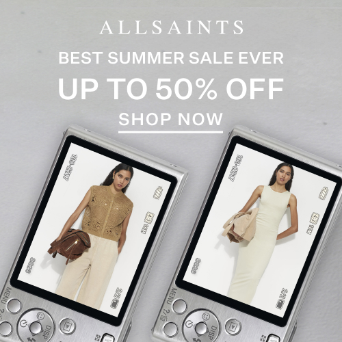 allsaints best summer sale ever. up to 50% off, shop now. two digital cameras with photos of 2 models 