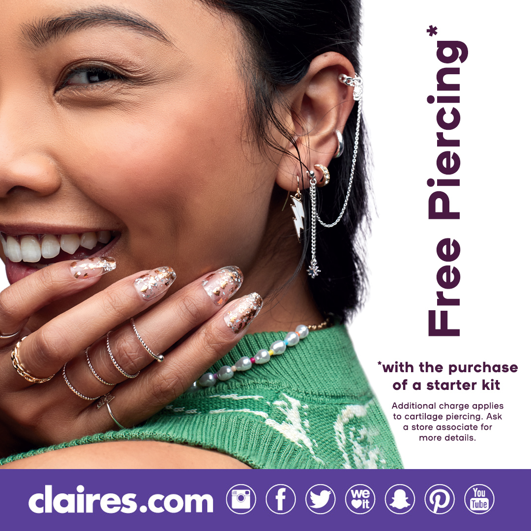 free piercing with the purchase of a starter kit. Additional charge applies to cartilage piercing. Ask a store associate for more details. Girl with green sleeveless sweater showing off her many ear piercings and rings from claire's