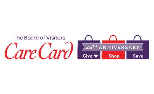 the board of visitors care card logo. 25th anniversary, give, shop, save, with shopping bags 