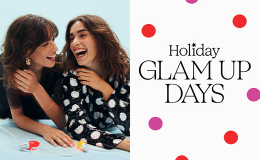 two girls laughing and posing with holiday glam up day text on a polka dot background 
