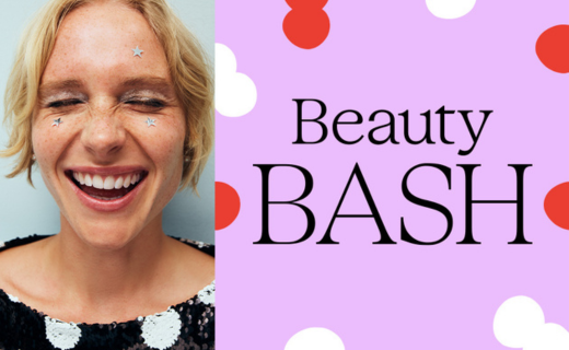 girl smiling wide with beauty bash text on a purple polka dot background 