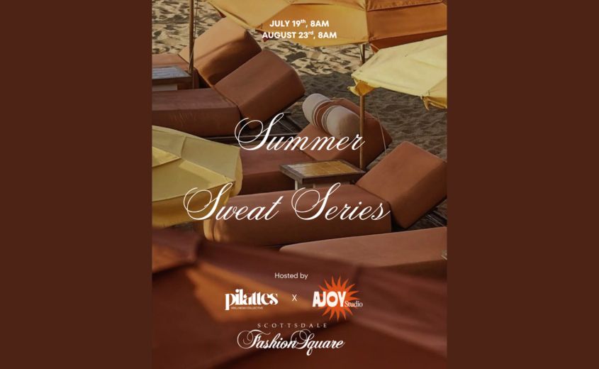 beach chair on a sandy beach. july 19th, 8am, august 23rd, 8am, summer sweat series, hosted by pilattes x ajoy studio x scottsdale fashion square