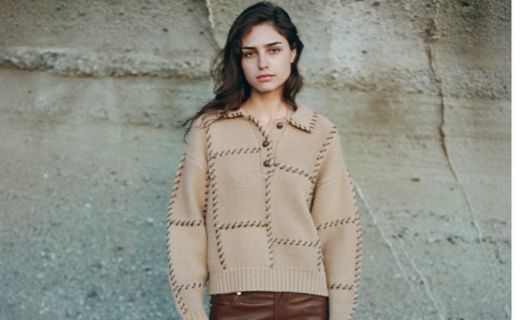 model wearing frame sweater and leather pants 