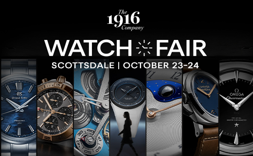 the 1916 company logo. watch fair scottsdale october 23-24. with multiple closeup photos of watches in the background 