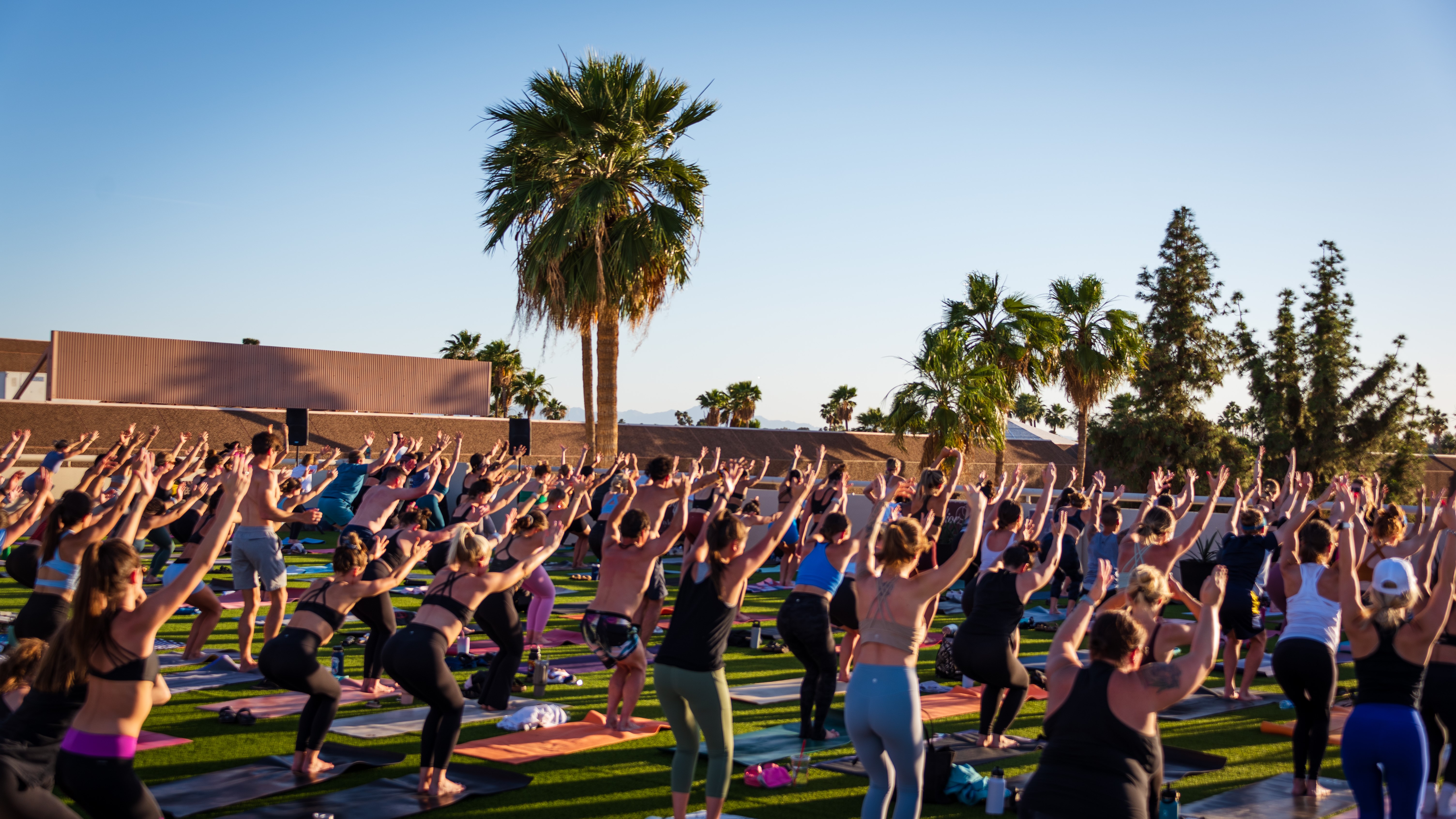 Many people doing yoga on a rooftop at sunset