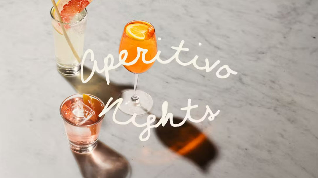 cocktails in background with aperitivo nights text
