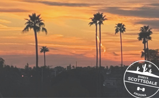 sunset with palm trees and barry's scottsale arizona logo in corner 