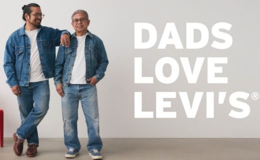 two males standing next to each other in all denim outfits. dads love levi's