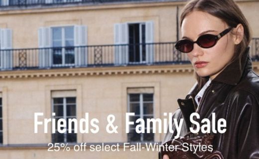 model wearing sunglasses. friends and family sale. 25% off select fall-winter styles