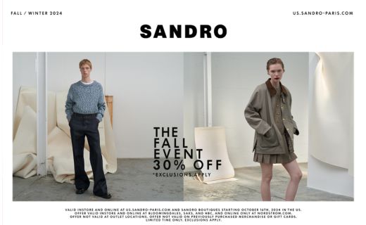 fall winter 2024 sandro the fall event 30% off flyer with female and male model