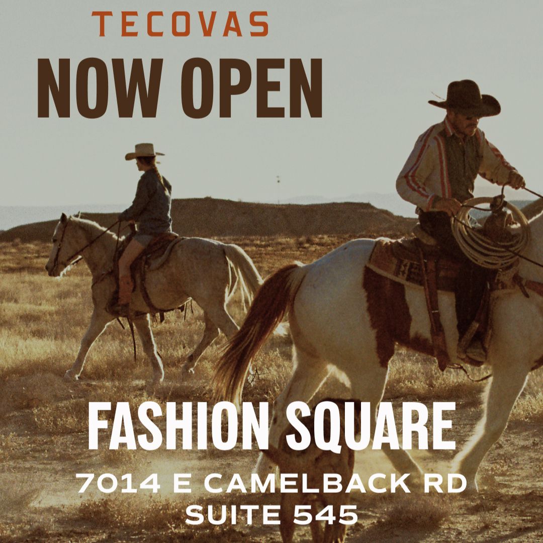two cowboys on horses in the desert. tecovas logo. now open fashion square 7014 E Camelback Road Suite 545