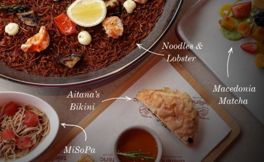 exclusive food options with their names pointing to the dishes on the table: MiSoPa, Noodles & Lobster, Macedonia Matcha