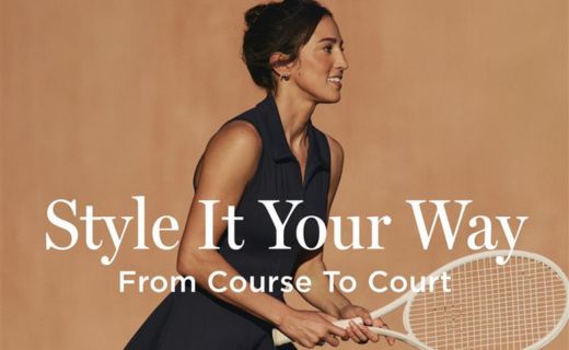 style it your way from course to court. side view of a women holding a white tennis racket