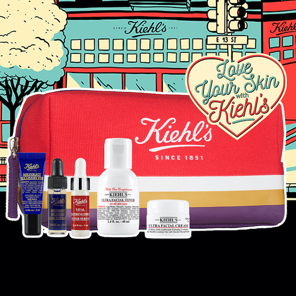 Kiehl's Logo
Love Your Skin With Kiehl's
Kiehl's Since 1851
Various Kiehl's skincare products with cosmetic bag