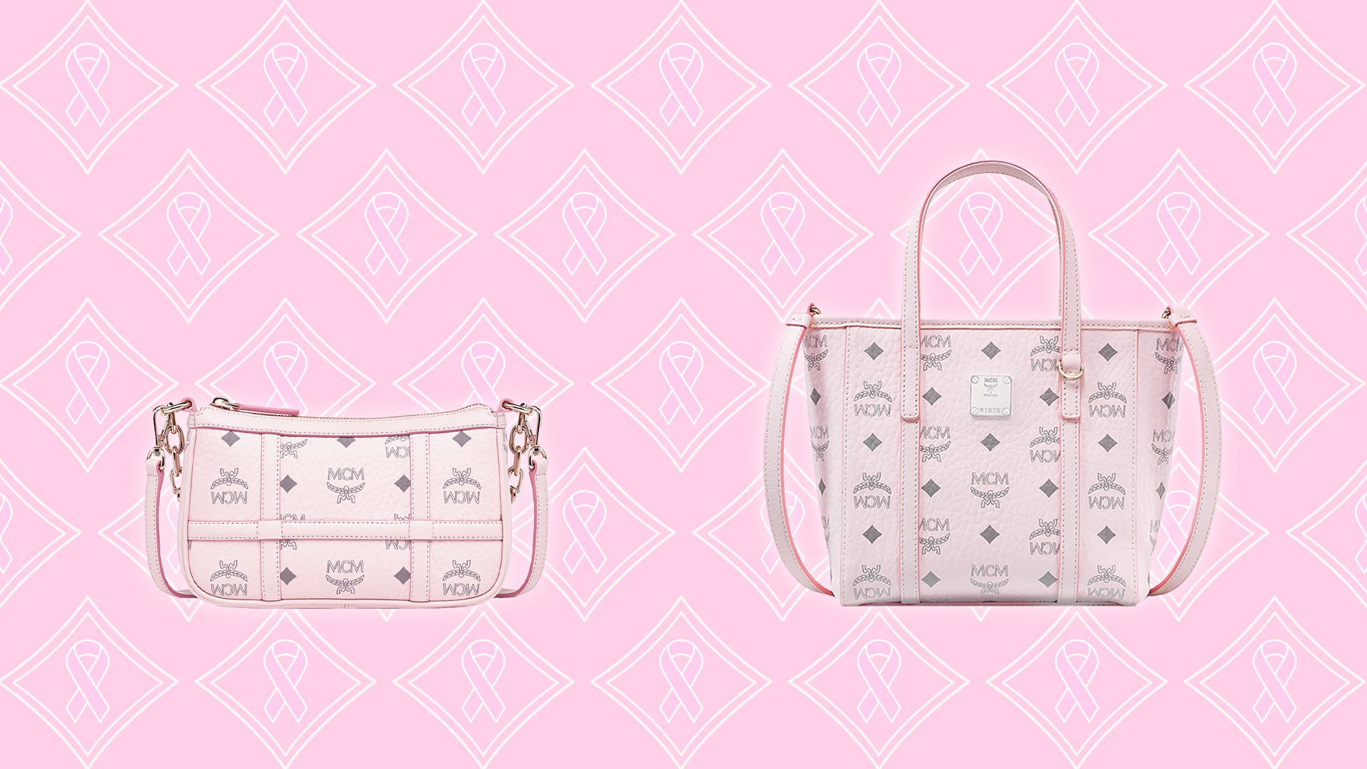 Two pink purses displayed on a pink backdrop.