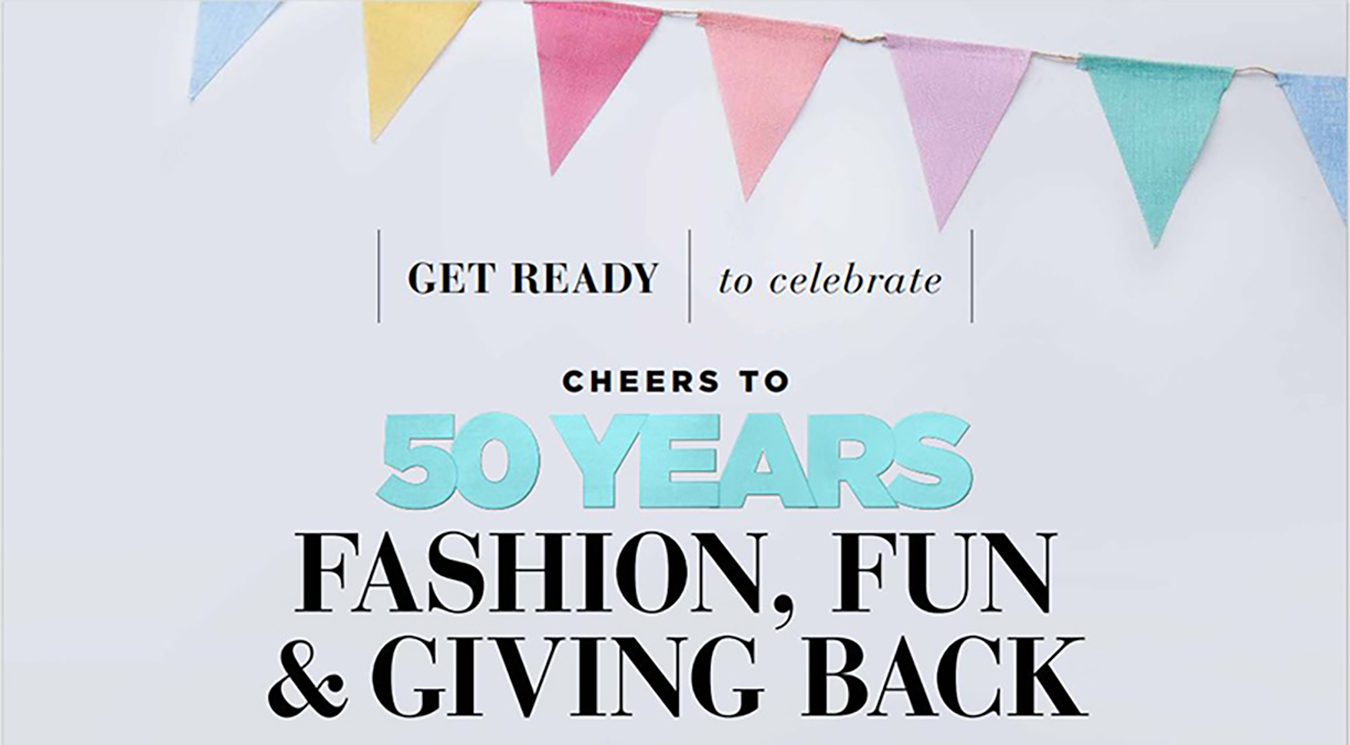 multi-color penants with text get ready to celebrate Cheers to 50 years Fashion, Fun and giving back