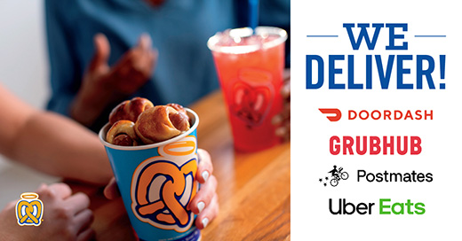 Image of pretzels in a cup with: We Deliver DoorDash, GrubHub, Postmates & Ubereats