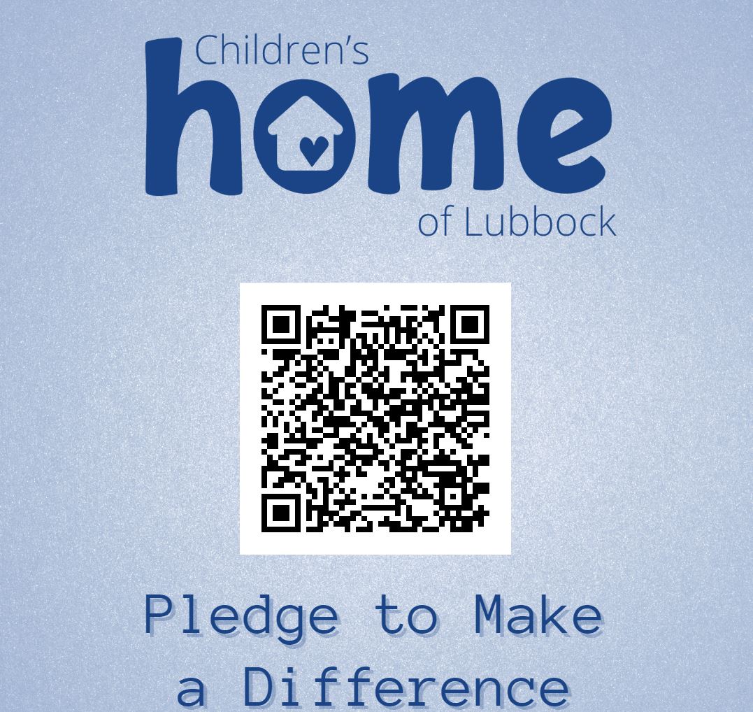 blue background with qr code and text children's home of lubbock pleadge to make a difference 