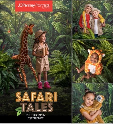 JCPenney Portraits image for Safair Tales photo experience featuring children dressed in safari attire in front of a jungle themed background including a giraffe