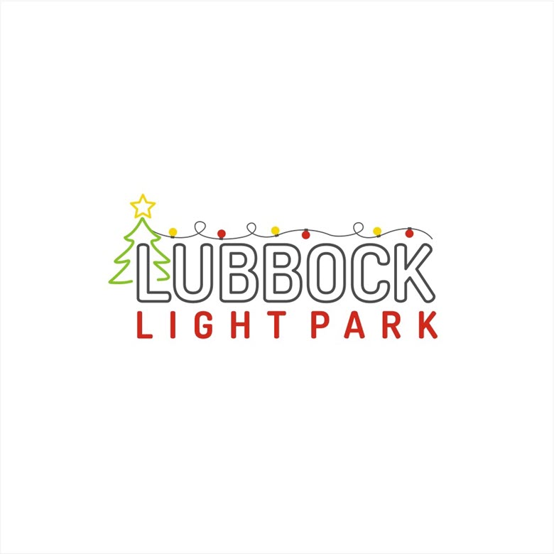 Text logo: Bubble letters wrapped in holiday lights spell out Lubbock and below in red text the words Light Park 