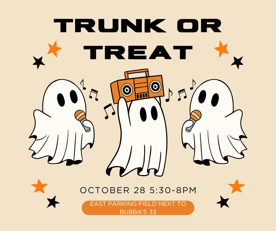 beige and orange theme with ghosts promoting the Trunk or Treat at Bubba's 33 