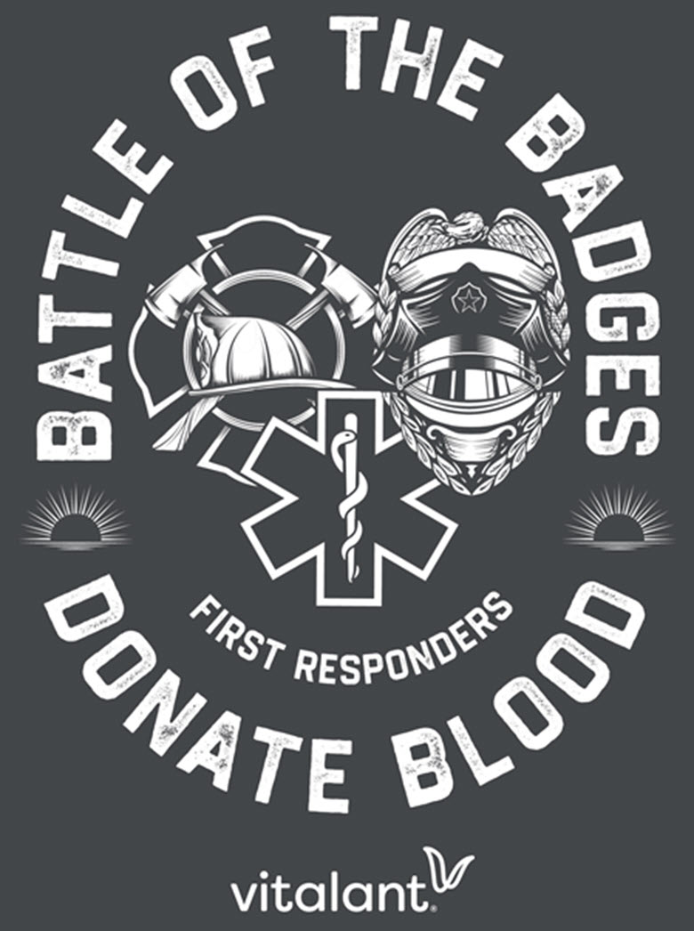 fire, police and ems symbols wrapped in the words battle of the badges first responders donate blood