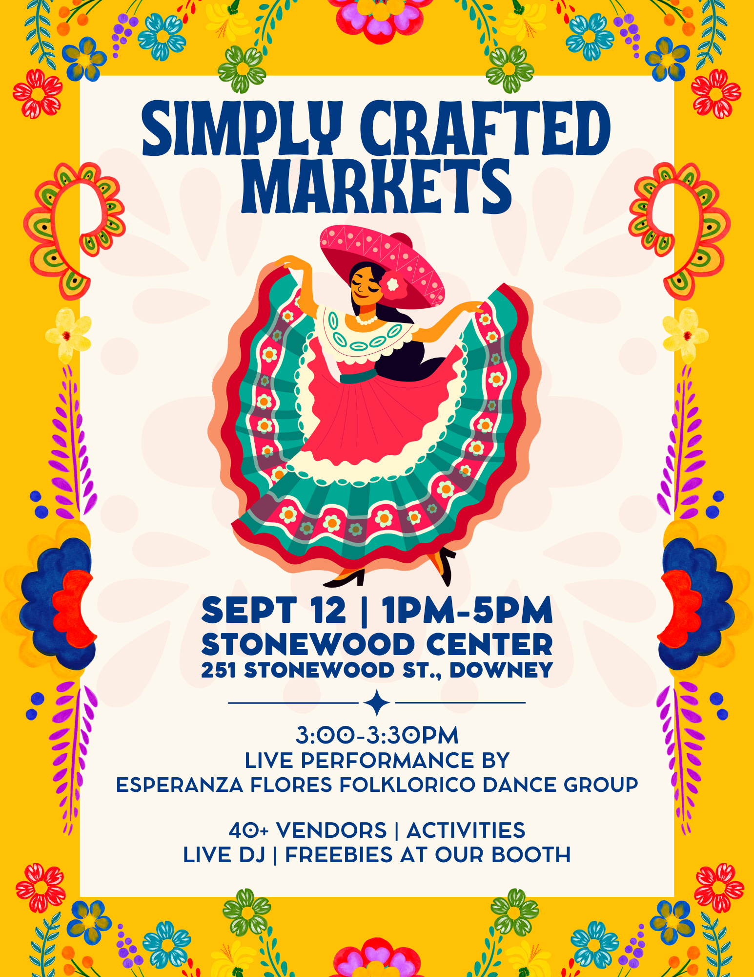 Stonewood Center invites you to join us for the Simply Crafted Popup Market. 
Location: Parking Lot off Lakewood Blvd.
Date: Saturday, September 12
Time: 1pm - 5pm
Music - Treats - and shopping.
Click the flyer for more details.