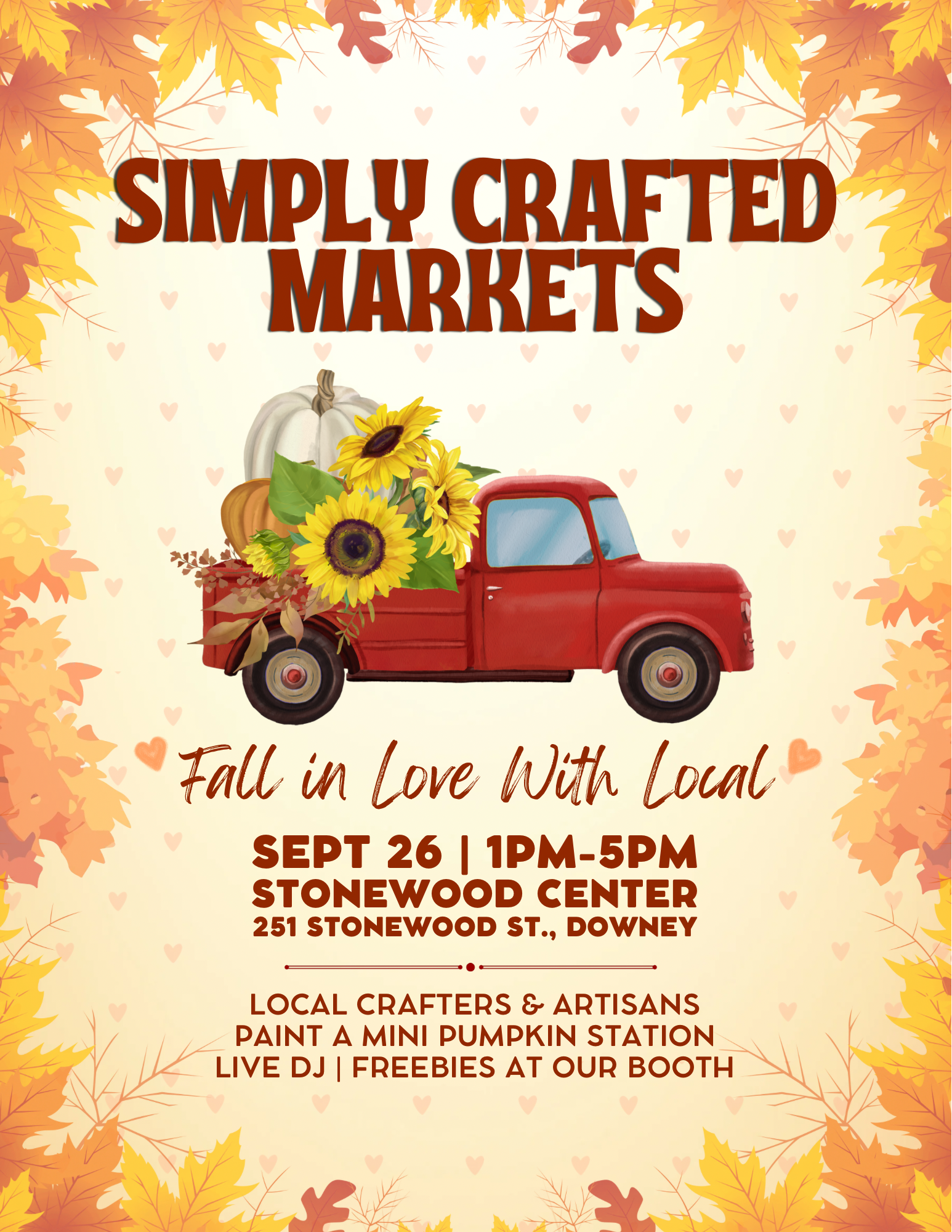 Stonewood Center invites you to join us for the Simply Crafted Popup Market. 
Location: Parking Lot off Lakewood Blvd.
Date: Saturday, September 26
Time: 1pm - 5pm
Music - Treats - and shopping.
Click the flyer for more details.