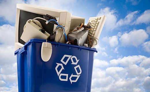 cloud background with electornic waste bin carrying computer to be recycled.