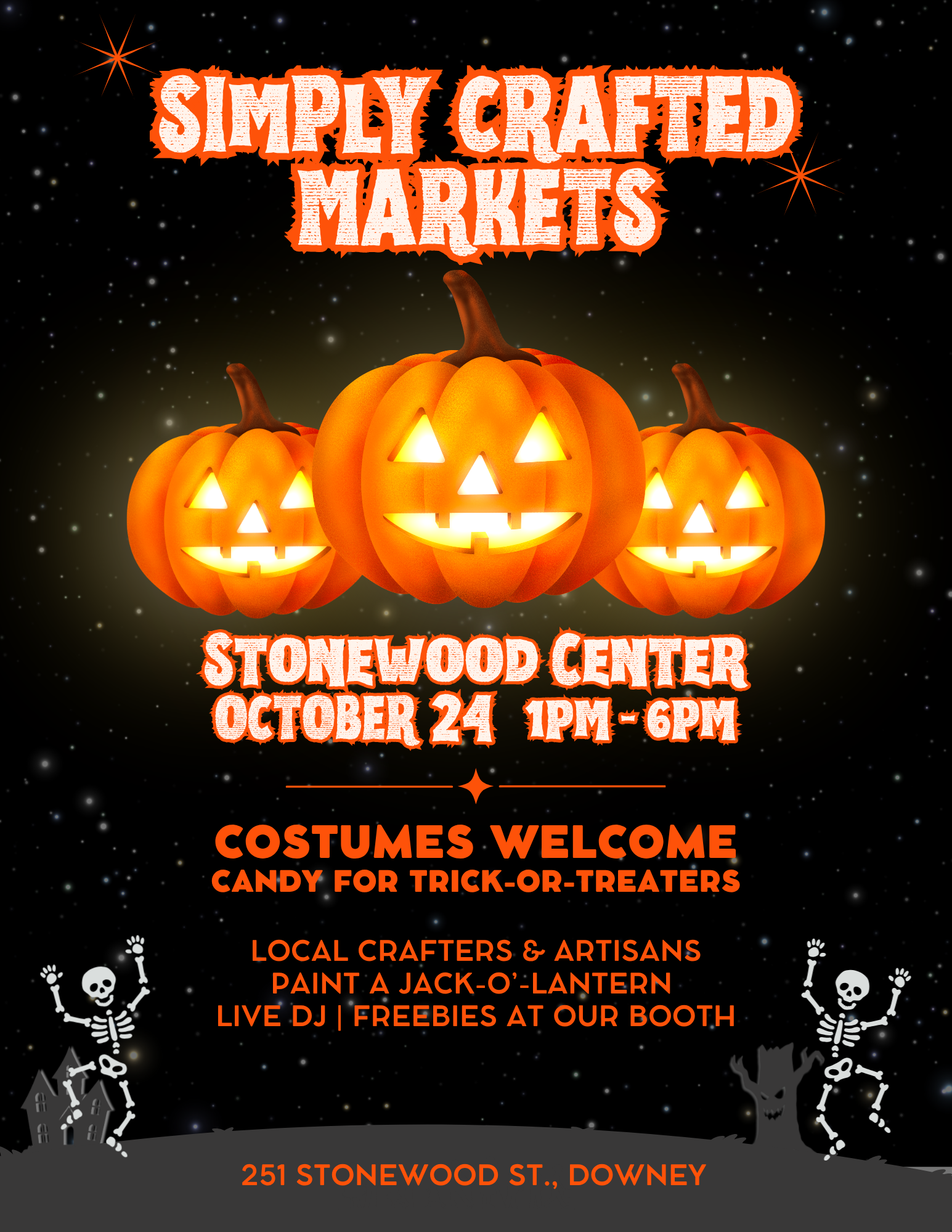 Stonewood Center invites you to join us for the Simply Crafted Popup Market. 
Location: Parking Lot off Lakewood Blvd.
Date: Saturday, October 10
Time: 1pm - 6pm
Music - Treats - and shopping.
Click the flyer for more details.