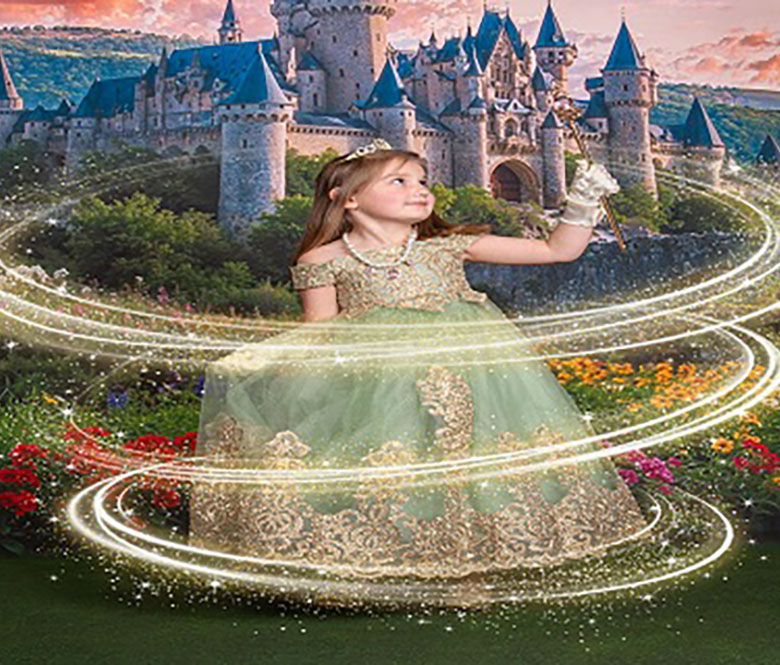 Princess wearing a green and gold gown and crown in hair and holding her magic wand and making circles around her and the castle behind her.