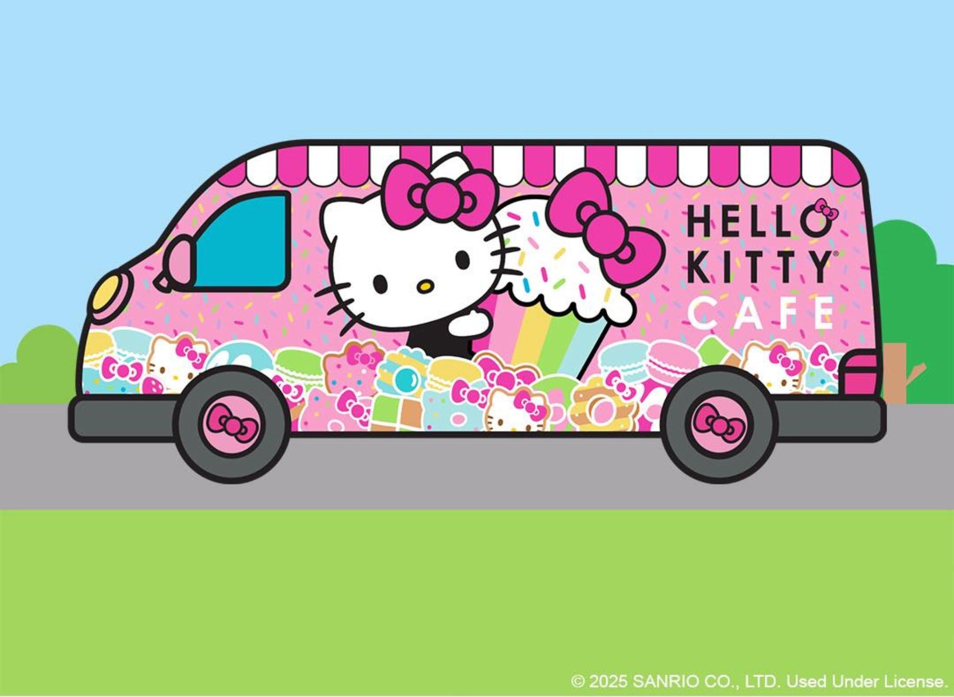 Illustration of the pink Hello Kitty Café Truck with Hello Kitty holding a cupcake with sprinkles and a bow on top along with the text Hello Kitty Café. 