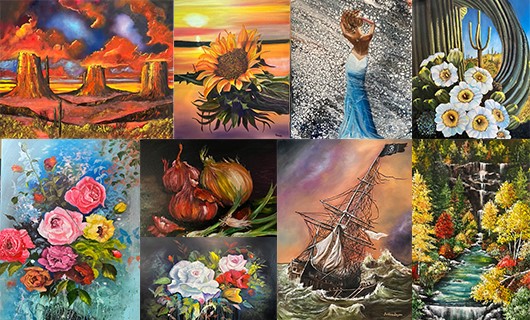 Eight paintings featuring flowers, ship at sea, stream with waterfall and trees, cactus, onions