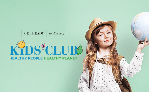 Text says "Get Ready to Discover Kids Club" "Healthy People, Healthy Planet" and and image of a little girl holding a globe. 