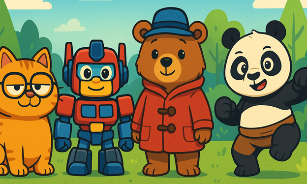 Cartoon images of a orange cat, robot, teddy bear and panda bear.