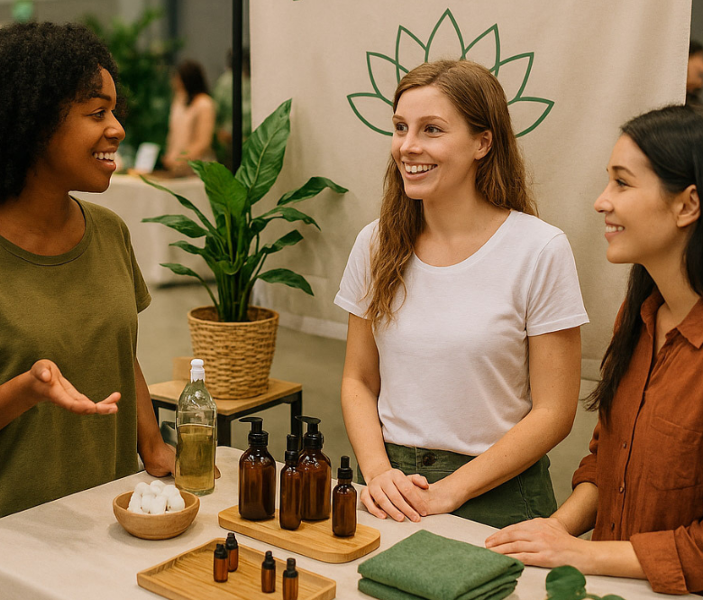 Three smiling women standing at a health and wellness booth. 