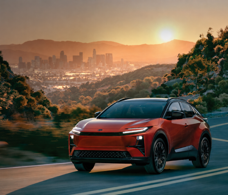 Toyota vehicle driving on a road with sunset in background