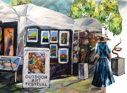 Illustration of a woman at an art festival. Text reads 'www.artfestival.com. Outdoor Art Festival'