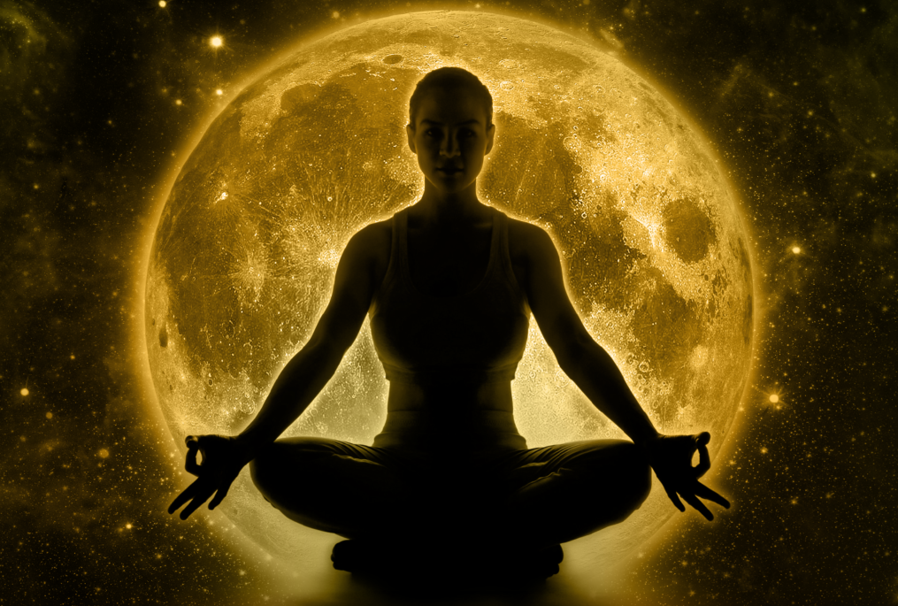woman in a yoga pose with a yellow full moon clipart in the background