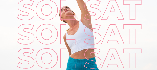 woman stretching with pink copy reading "Sol Sat"