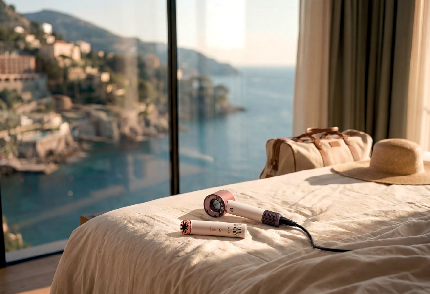 dyson products on hotel bed with sea view 