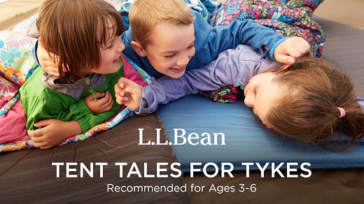 3 kids laying and laughing with text saying L.L. Bean Tent Tales for Tykes ages 3-6