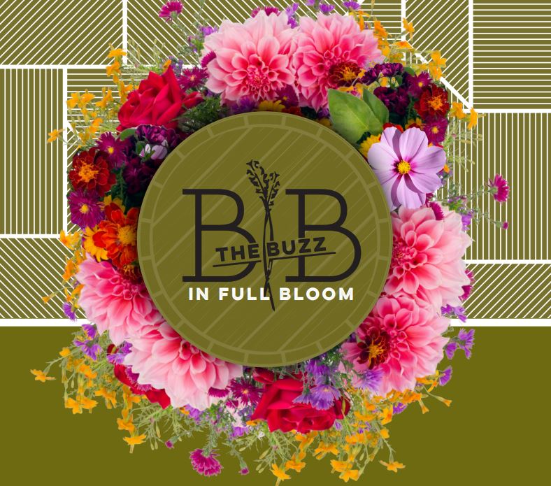 Barrel & Bushel logo with florals surrounding it 