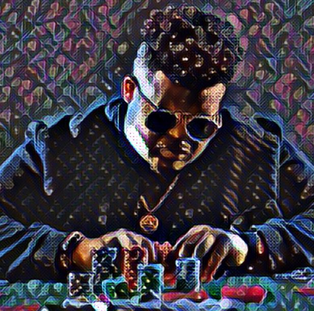 pixelated image of man wearing sunglasses  playing with poker chips 
