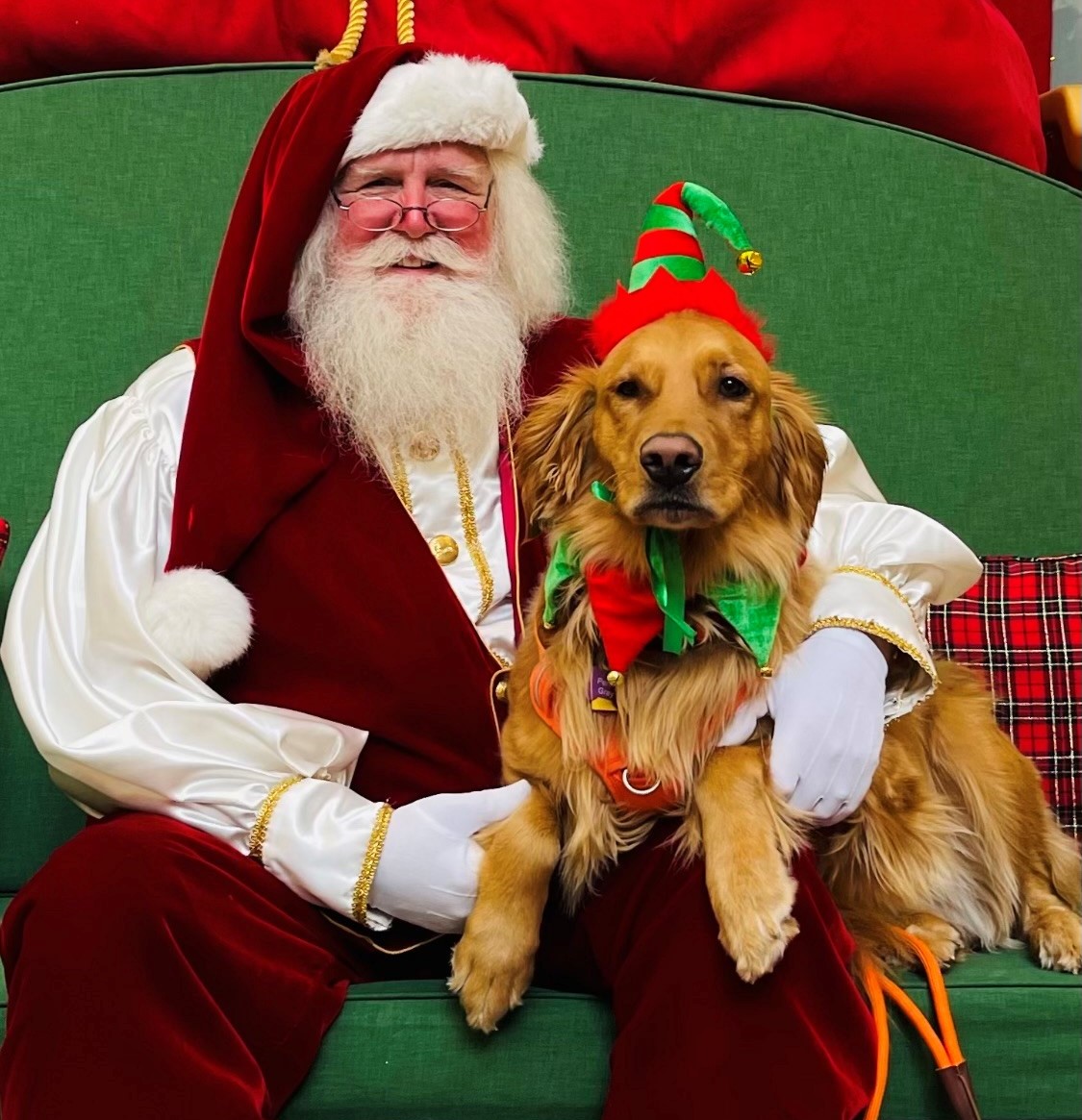 Santa posing with dog wearing a santa hat