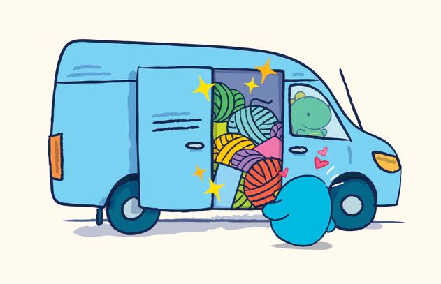 cartoon van with stuffed penguin 