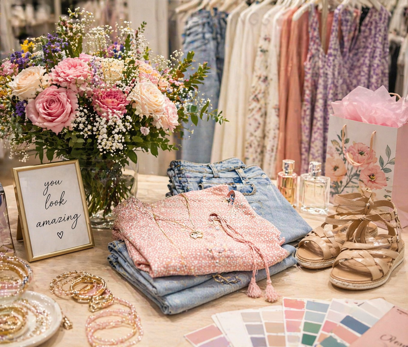 A styled display of women’s clothing, jewelry, and accessories arranged on a table with a bouquet of flowers in a retail setting.