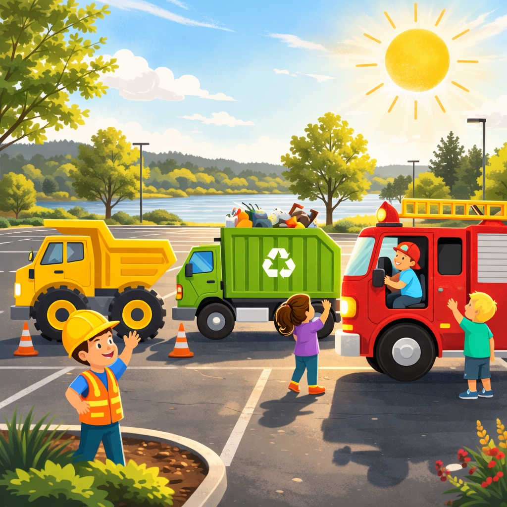 Illustration of a sunny mall parking lot where children explore a yellow dump truck, green recycling truck, and red fire truck, with trees and a river in the background.