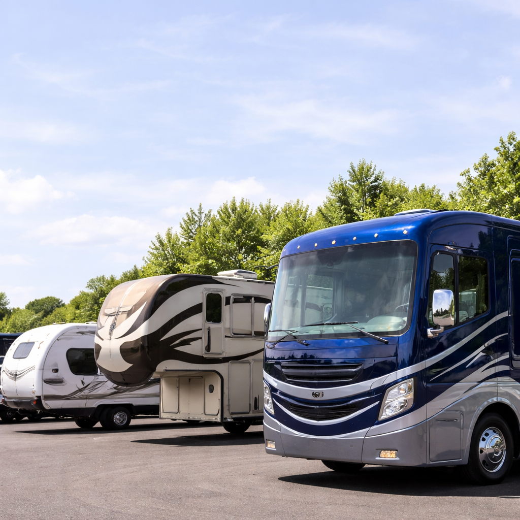 Several recreational vehicles, including a motorhome and travel trailers, parked in an outdoor lot under a clear sky with trees in the background.